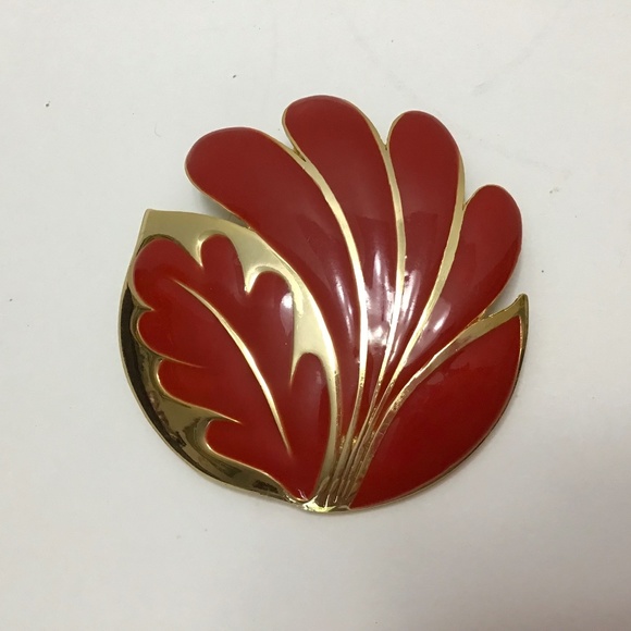 VTG ORENA Paris Large Gold/ Bright Red Enamel VTG  80s Leaf Floral Enamel Brooch - Picture 1 of 4